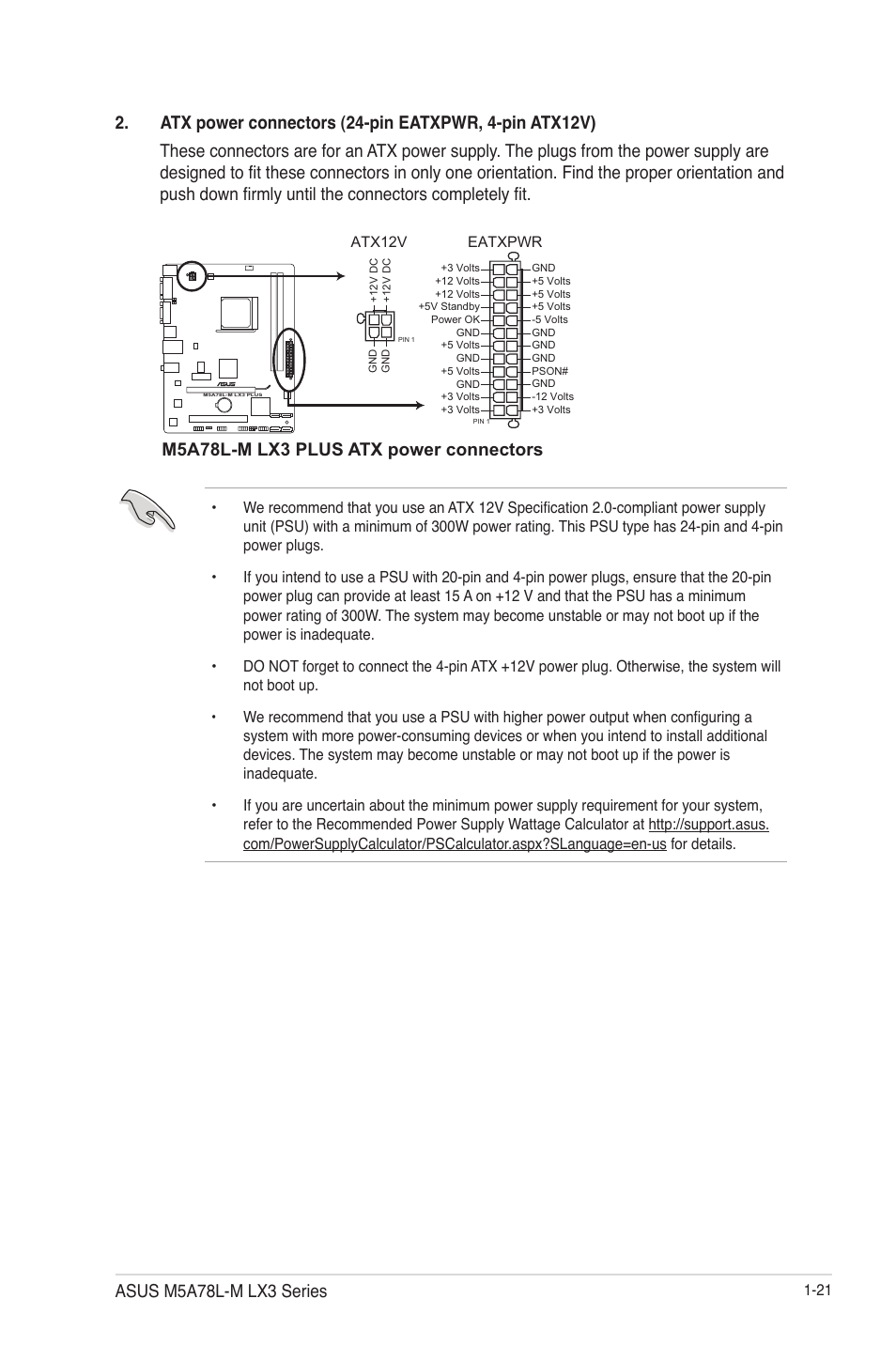 M5a78l-m lx3 plus atx power connectors, Asus m5a78l-m lx3 series | Asus M5A78L-M LX3 PLUS User Manual | Page 31 / 65