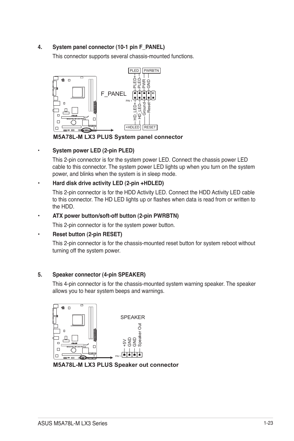 M5a78l-m lx3 plus system panel connector, F_panel, M5a78l-m lx3 plus speaker out connector | Asus m5a78l-m lx3 series | Asus M5A78L-M LX3 PLUS User Manual | Page 33 / 65