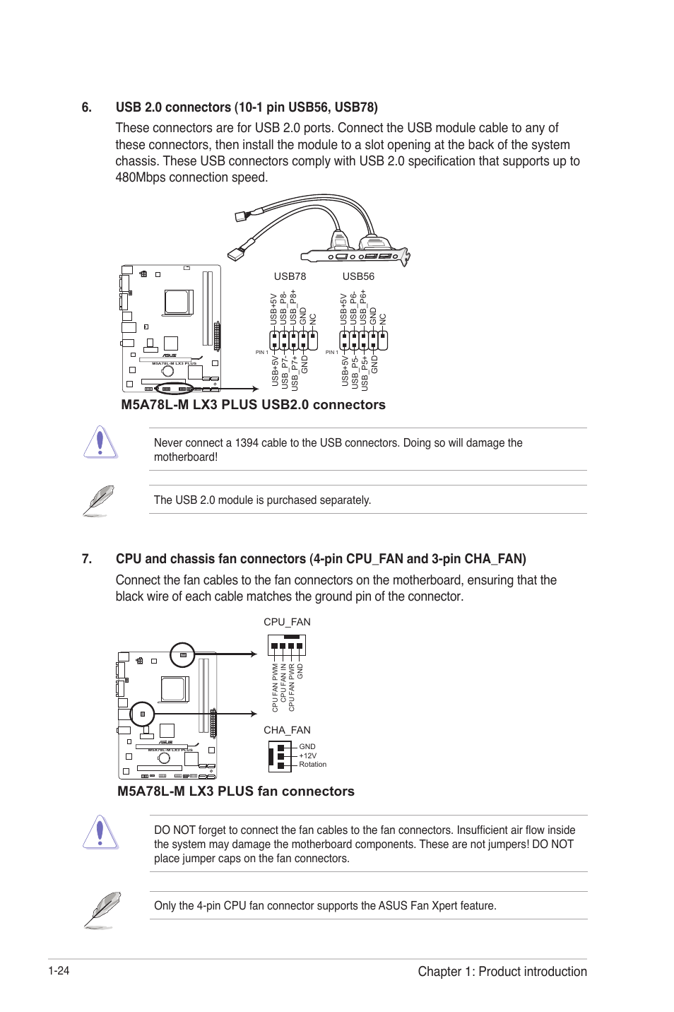 M5a78l-m lx3 plus fan connectors, Chapter 1: product introduction | Asus M5A78L-M LX3 PLUS User Manual | Page 34 / 65