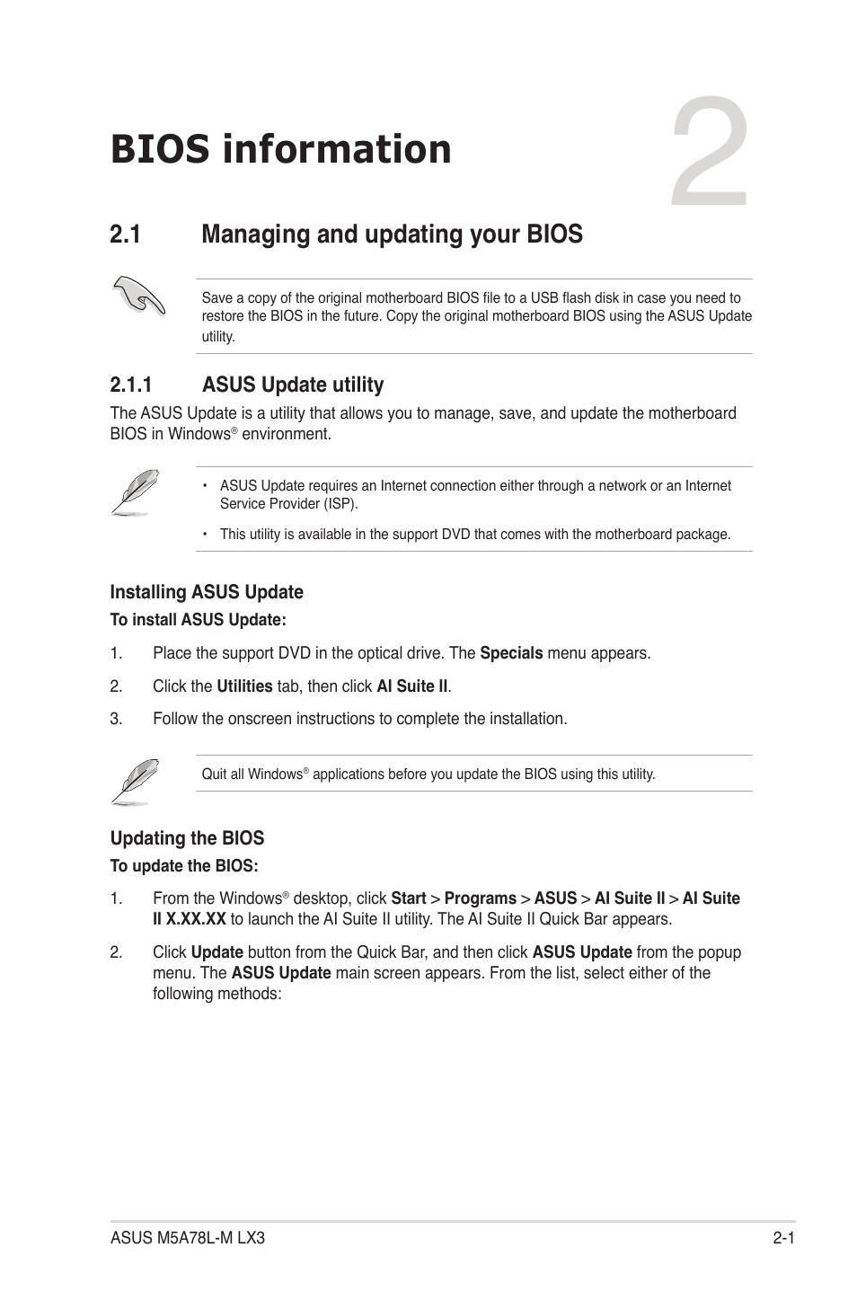 Chapter 2: bios information, 1 managing and updating your bios, 1 asus update utility | Bios information, 1 managing and updating your bios -1, Asus update utility -1 | Asus M5A78L-M LX3 PLUS User Manual | Page 37 / 65