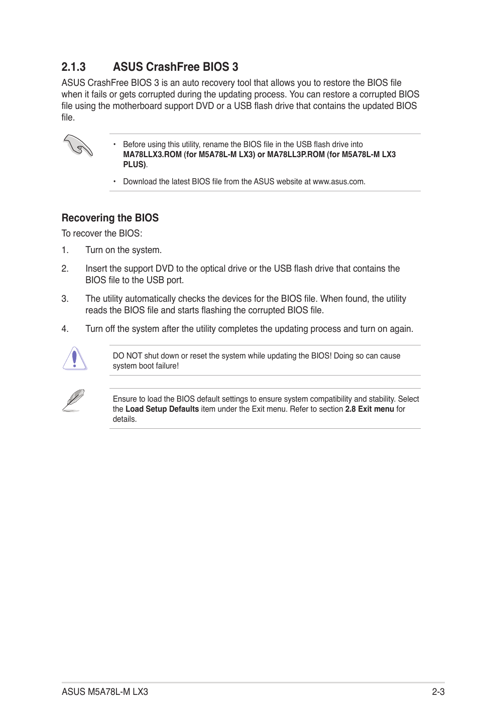 3 asus crashfree bios 3, Asus crashfree bios 3 -3 | Asus M5A78L-M LX3 PLUS User Manual | Page 39 / 65