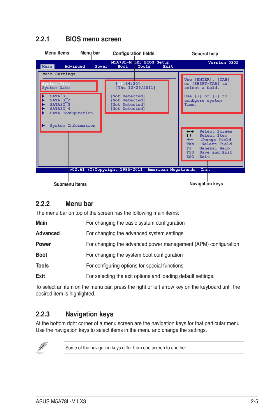 1 bios menu screen, 2 menu bar, 3 navigation keys | Bios menu screen -5, Menu bar -5, Navigation keys -5, 1 bios menu screen 2.2.2 menu bar | Asus M5A78L-M LX3 PLUS User Manual | Page 41 / 65