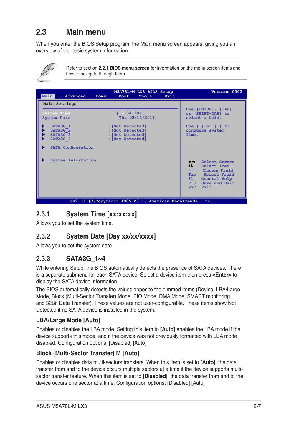 3 main menu, 1 system time [xx:xx:xx, 2 system date [day xx/xx/xxxx | 3 sata3g_1~4, 3 main menu -7, System time [xx:xx:xx] -7, System date [day xx/xx/xxxx] -7, Sata3g_1~4 -7, Lba/large mode [auto, Block (multi-sector transfer) m [auto | Asus M5A78L-M LX3 PLUS User Manual | Page 43 / 65