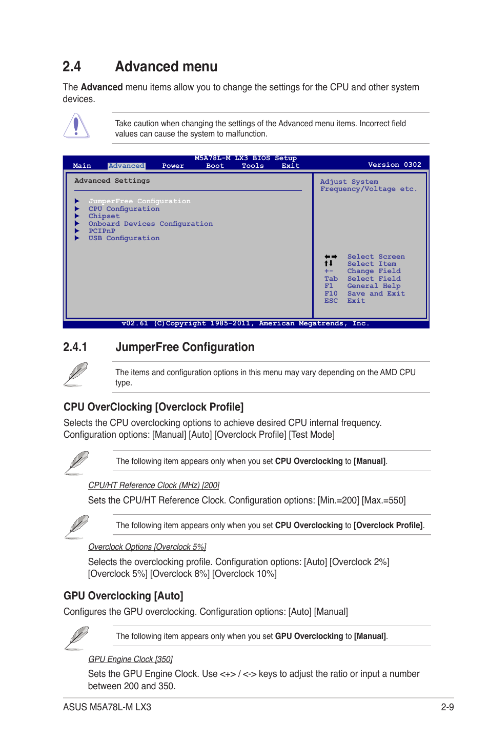 4 advanced menu, 1 jumperfree configuration, 4 advanced menu -9 | Jumperfree configuration -9, Gpu overclocking [auto, Cpu overclocking [overclock profile | Asus M5A78L-M LX3 PLUS User Manual | Page 45 / 65