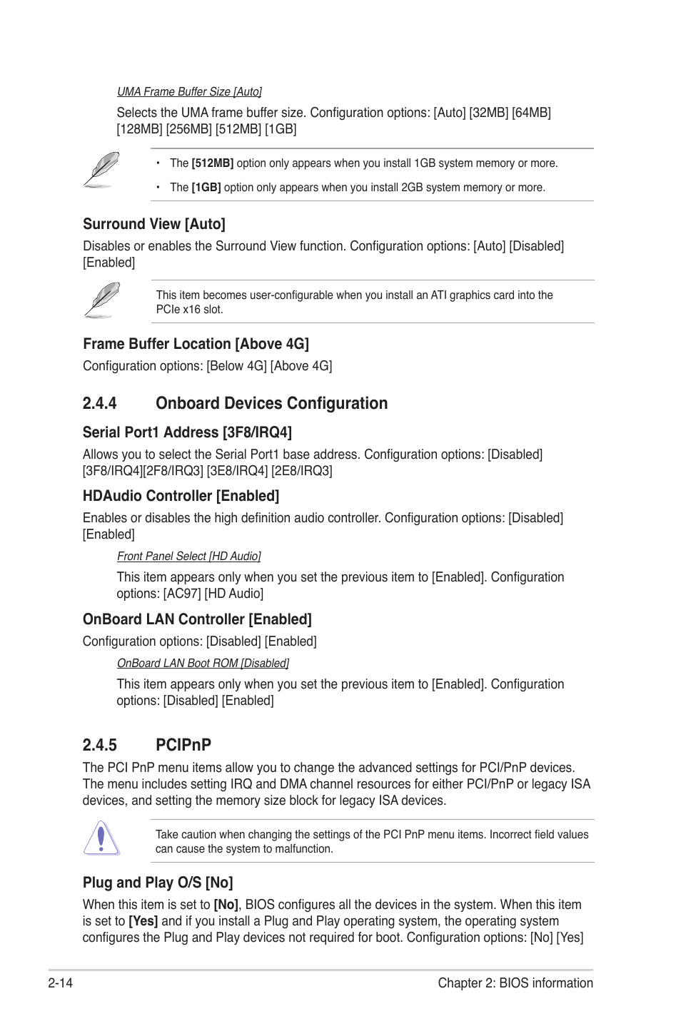 4 onboard devices configuration, 5 pcipnp, 4 onboard devices configuration -14 2.4.5 | Pcipnp -14 | Asus M5A78L-M LX3 PLUS User Manual | Page 50 / 65