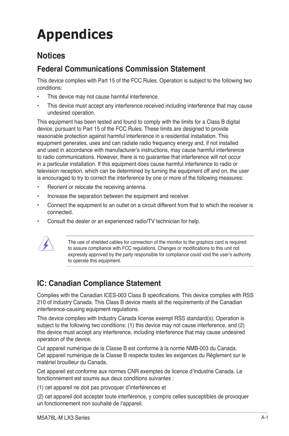 Appendices, Notices, Federal communications commission statement | Ic: canadian compliance statement | Asus M5A78L-M LX3 PLUS User Manual | Page 61 / 65