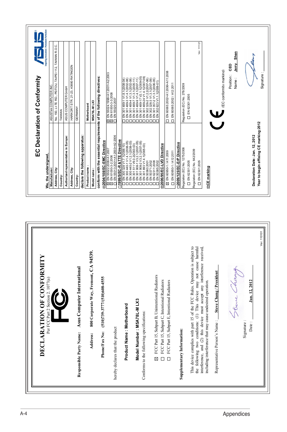 Declaration of conformity, Appendices, Ec declaration of conformity | Asu s c om pu te r in te rn at io na l | Asus M5A78L-M LX3 PLUS User Manual | Page 64 / 65