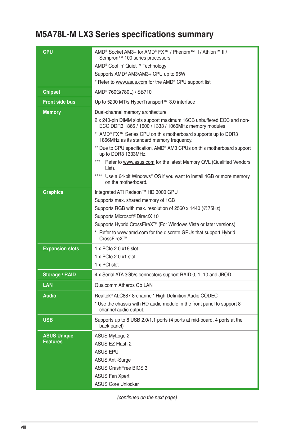 M5a78l-m lx3 series specifications summary | Asus M5A78L-M LX3 PLUS User Manual | Page 8 / 65