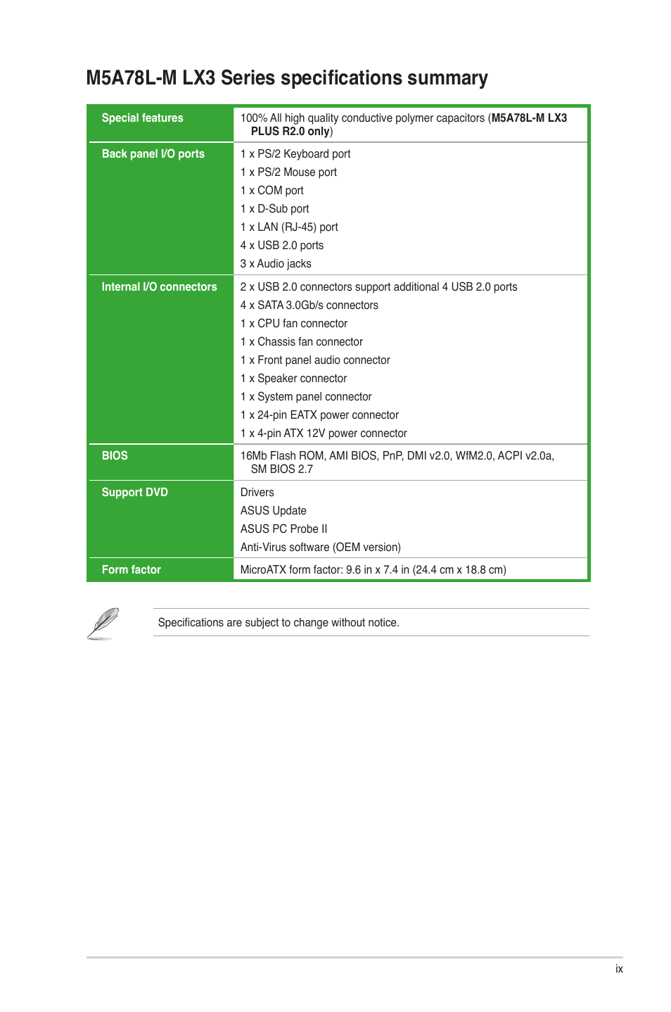 M5a78l-m lx3 series specifications summary | Asus M5A78L-M LX3 PLUS User Manual | Page 9 / 65