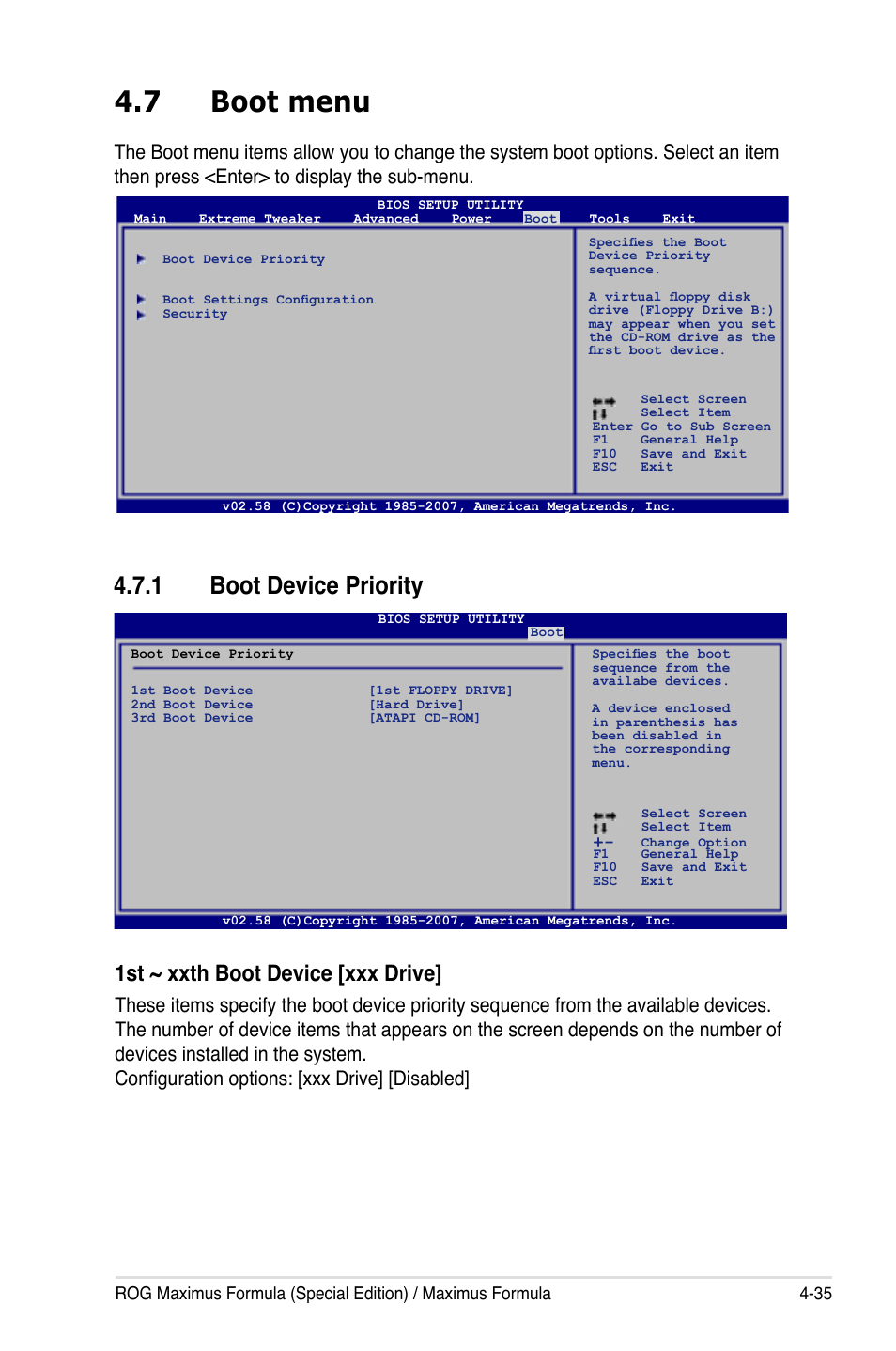 7 boot menu, 1 boot device priority, 1st ~ xxth boot device [xxx drive | Asus Maximus Formula User Manual | Page 107 / 168