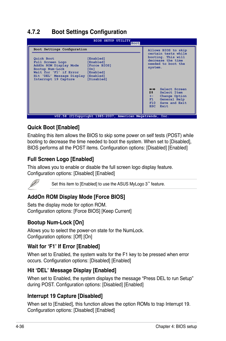 2 boot settings configuration, Quick boot [enabled, Full screen logo [enabled | Addon rom display mode [force bios, Bootup num-lock [on, Wait for ‘f1’ if error [enabled, Hit ‘del’ message display [enabled, Interrupt 19 capture [disabled | Asus Maximus Formula User Manual | Page 108 / 168