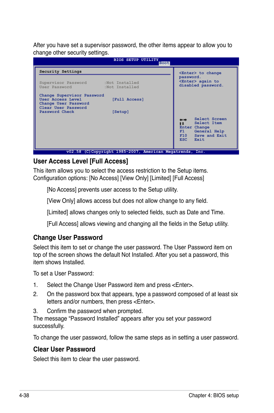 User access level [full access, Change user password, Clear user password | Select this item to clear the user password | Asus Maximus Formula User Manual | Page 110 / 168