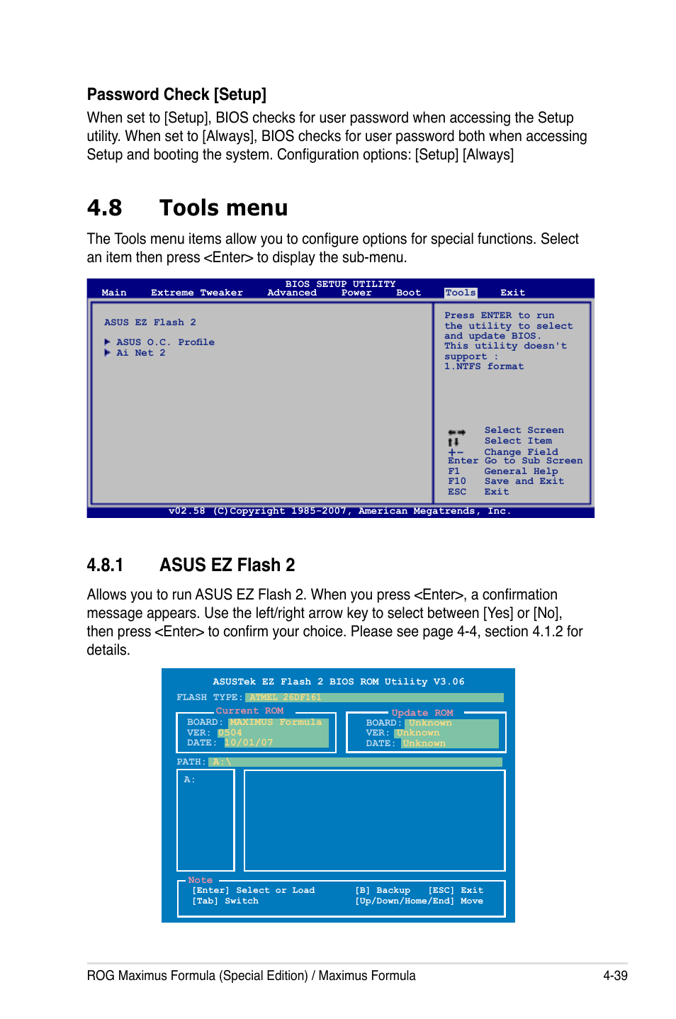 8 tools menu, 1 asus ez flash 2, Password check [setup | Asus Maximus Formula User Manual | Page 111 / 168