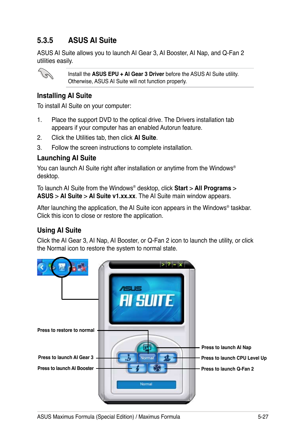 5 asus ai suite, Installing ai suite, Launching ai suite | Using ai suite | Asus Maximus Formula User Manual | Page 143 / 168