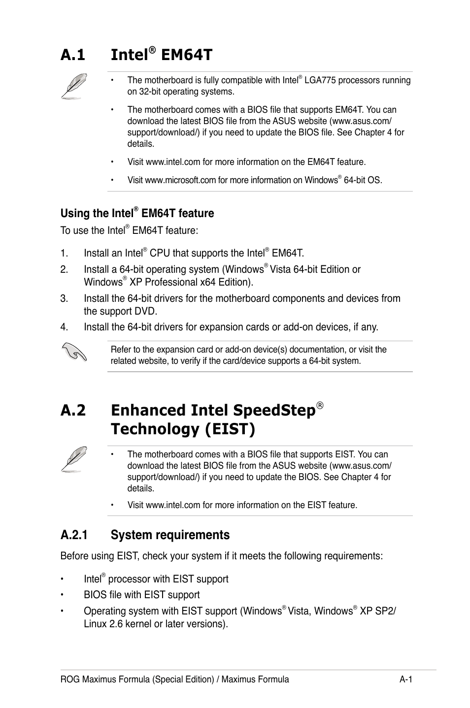 A.1 intel, Em64t, A.2 enhanced intel speedstep | Technology (eist), A.2.1 system requirements, Using the intel, Em64t feature | Asus Maximus Formula User Manual | Page 163 / 168