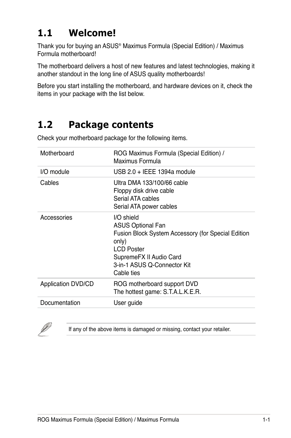 1 welcome, 2 package contents | Asus Maximus Formula User Manual | Page 17 / 168
