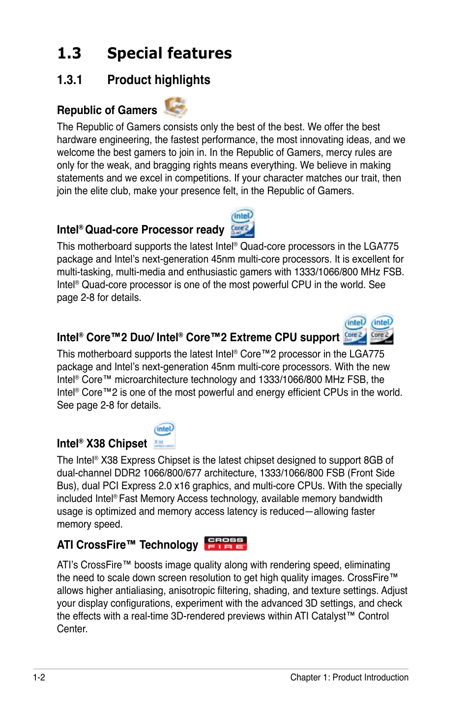 3 special features, 1 product highlights, Republic of gamers | Intel, Quad-core processor ready, Core™2 duo/ intel, Core™2 extreme cpu support, X38 chipset, Ati crossfire™ technology | Asus Maximus Formula User Manual | Page 18 / 168