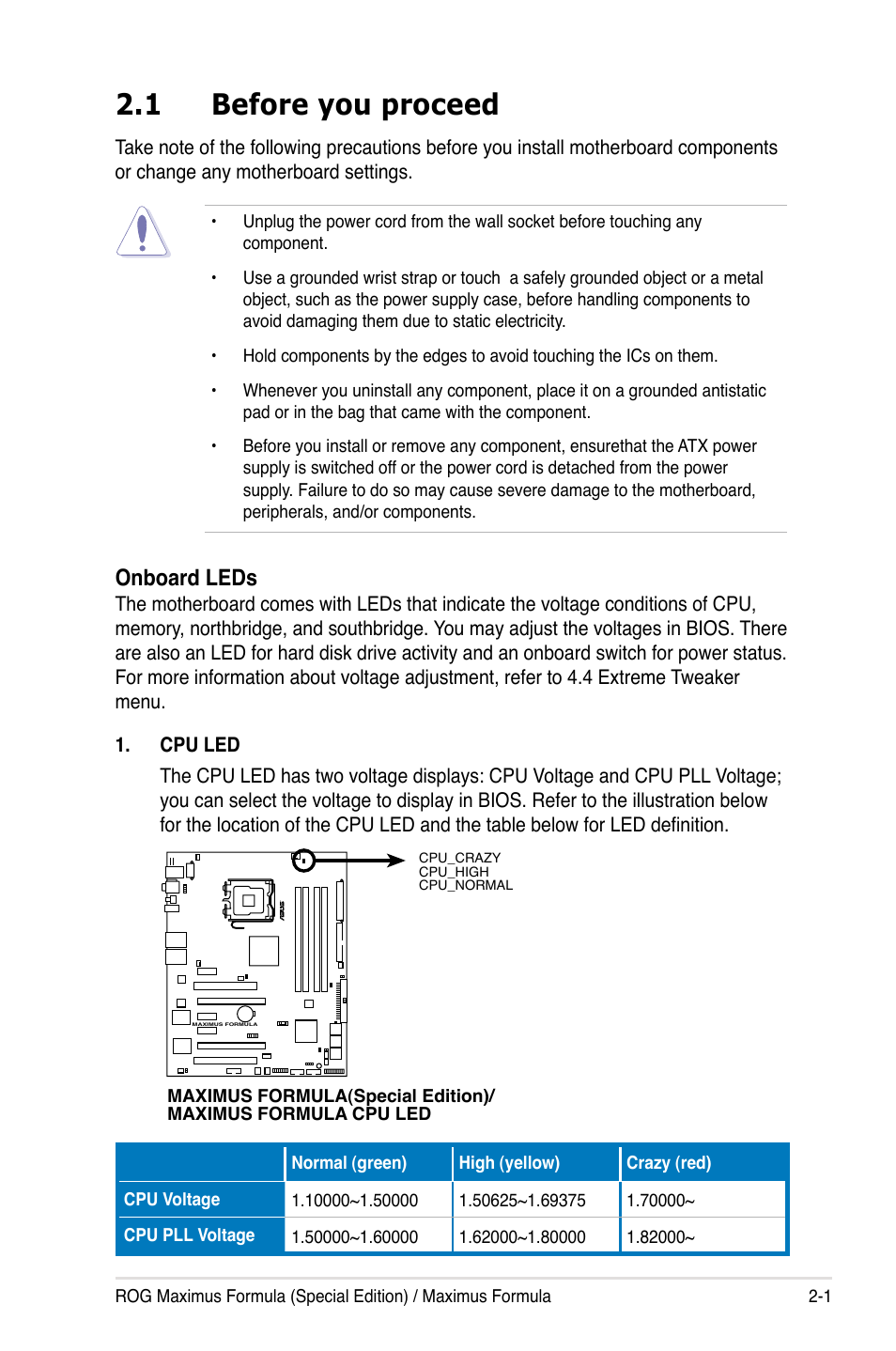 1 before you proceed, Onboard leds | Asus Maximus Formula User Manual | Page 27 / 168