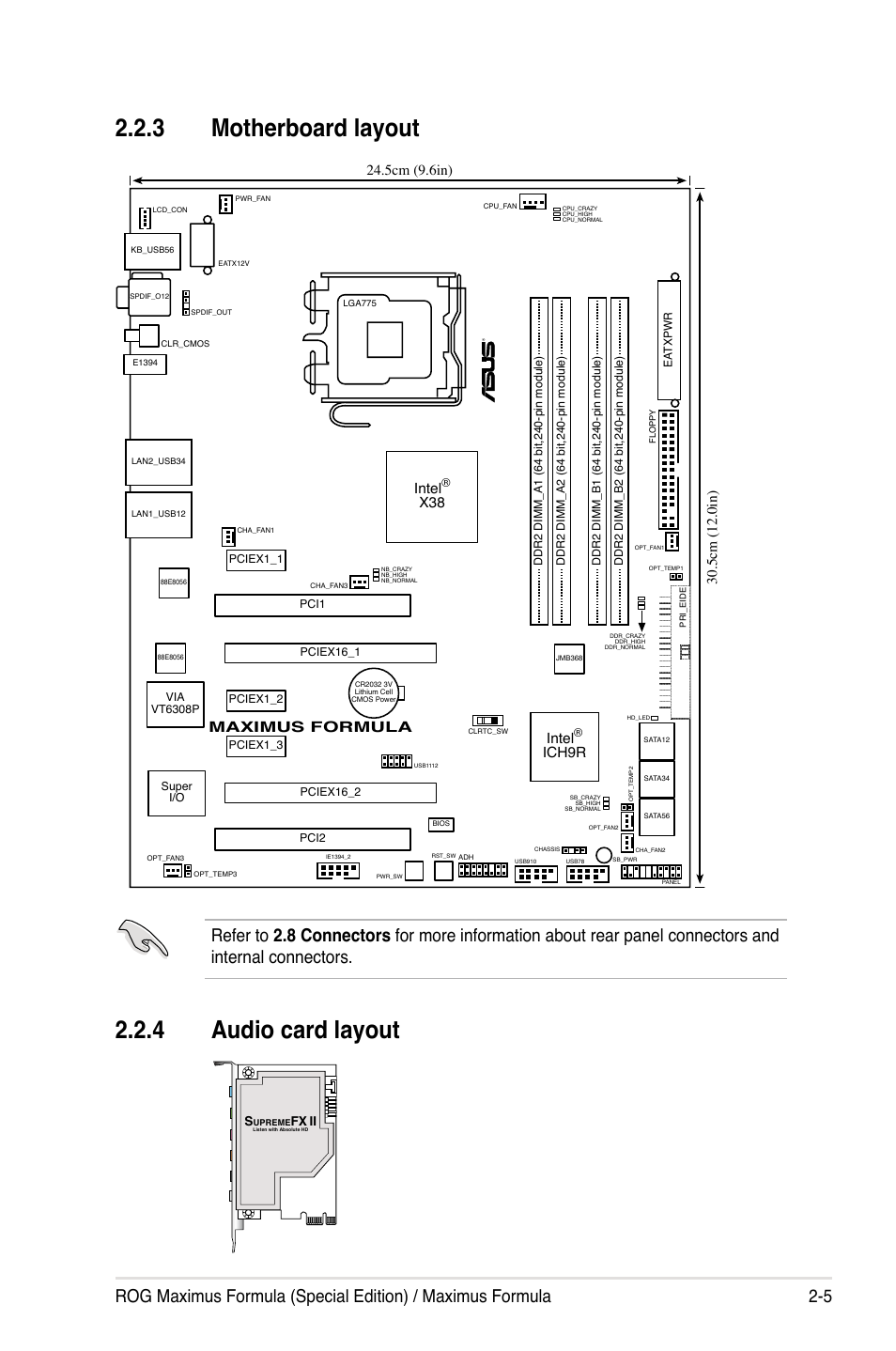 3 motherboard layout, 4 audio card layout, Maximus formula | Intel, Ich9r | Asus Maximus Formula User Manual | Page 31 / 168