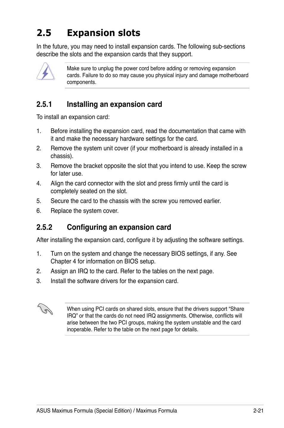 5 expansion slots, 1 installing an expansion card, 2 configuring an expansion card | Asus Maximus Formula User Manual | Page 47 / 168