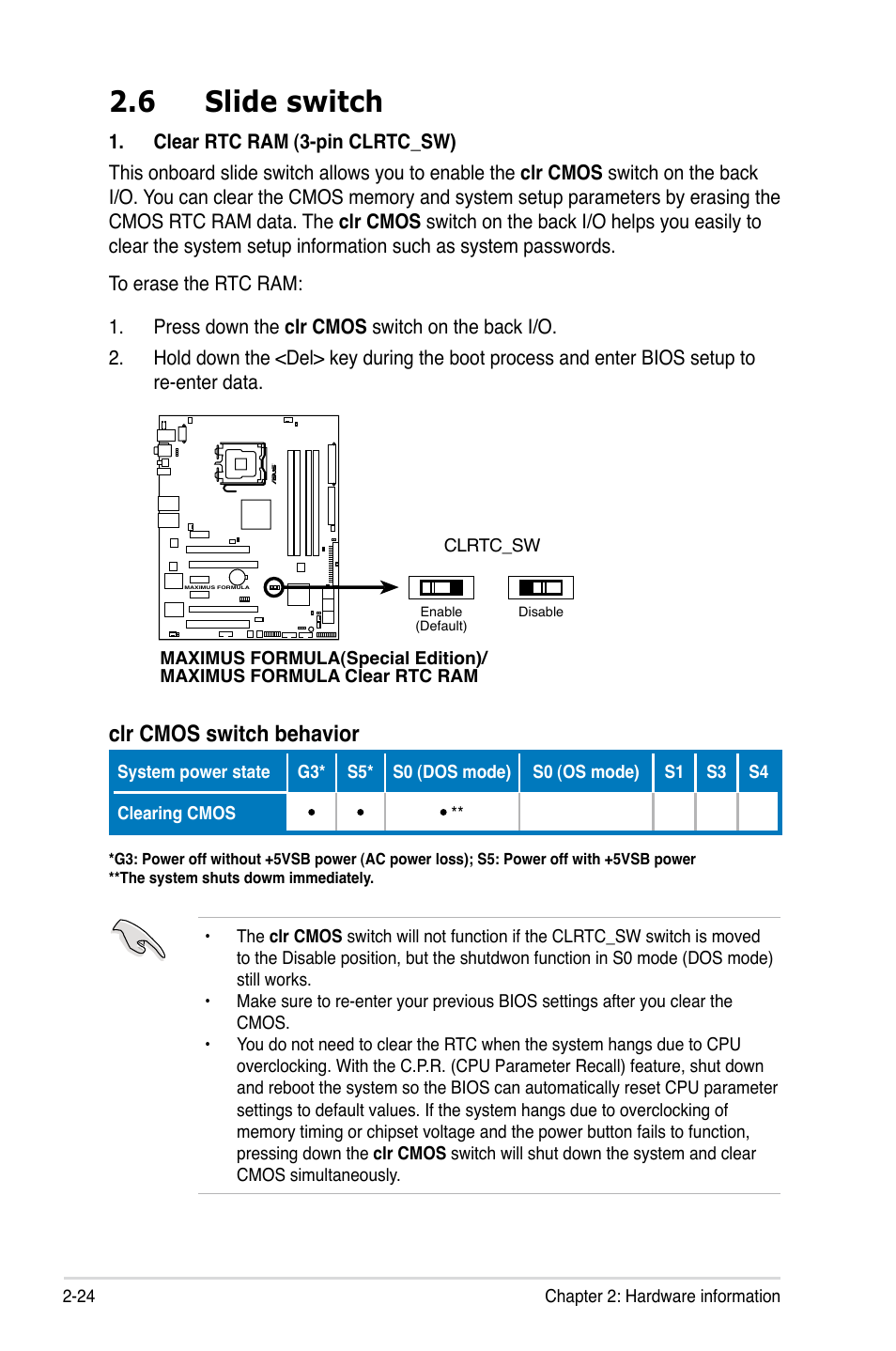 6 slide switch, Clr cmos switch behavior | Asus Maximus Formula User Manual | Page 50 / 168
