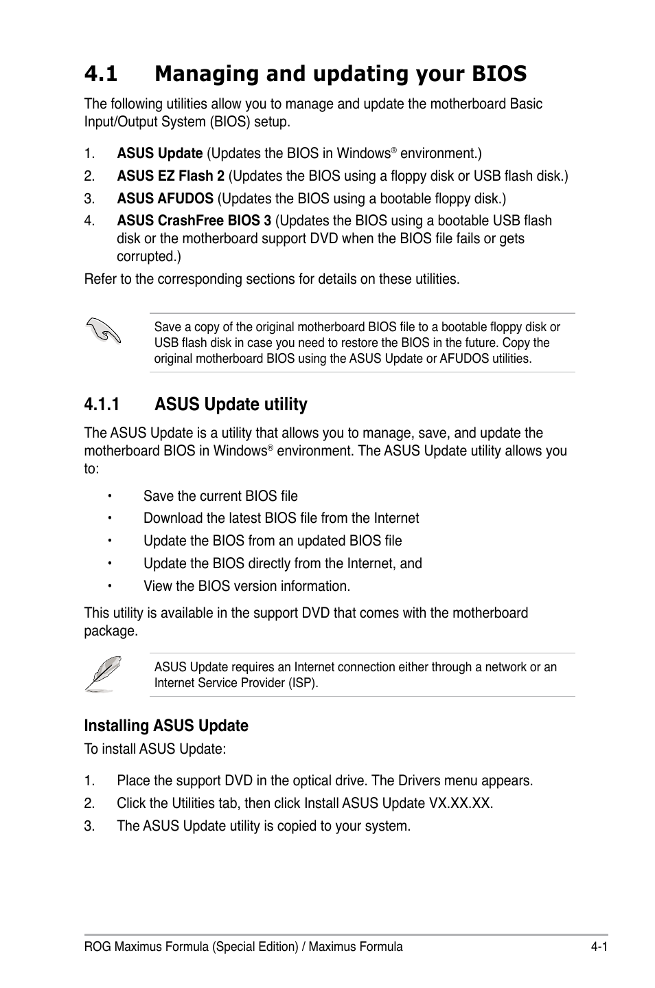 1 managing and updating your bios, 1 asus update utility | Asus Maximus Formula User Manual | Page 73 / 168