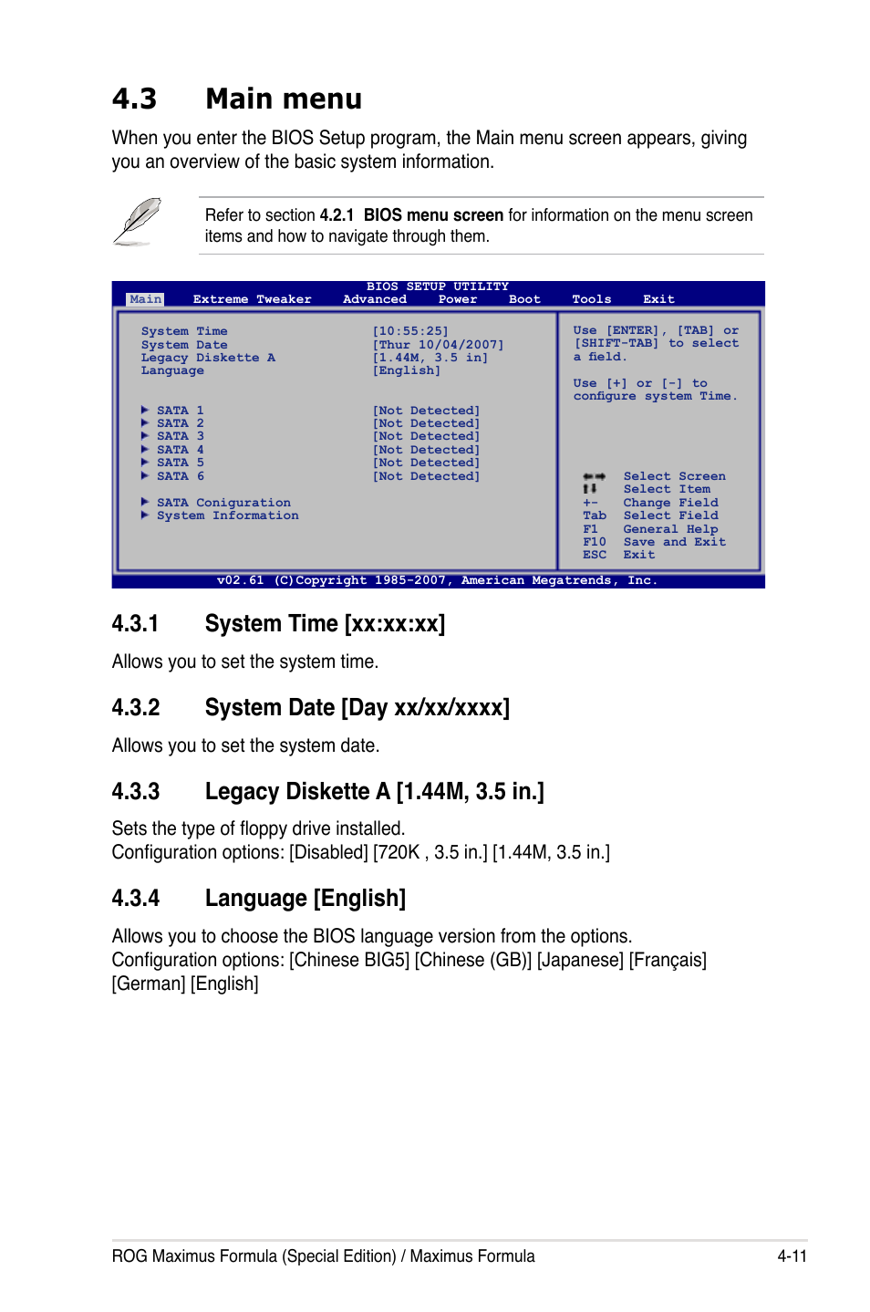 3 main menu, 1 system time [xx:xx:xx, 4 language [english | Allows you to set the system time, Allows you to set the system date | Asus Maximus Formula User Manual | Page 83 / 168