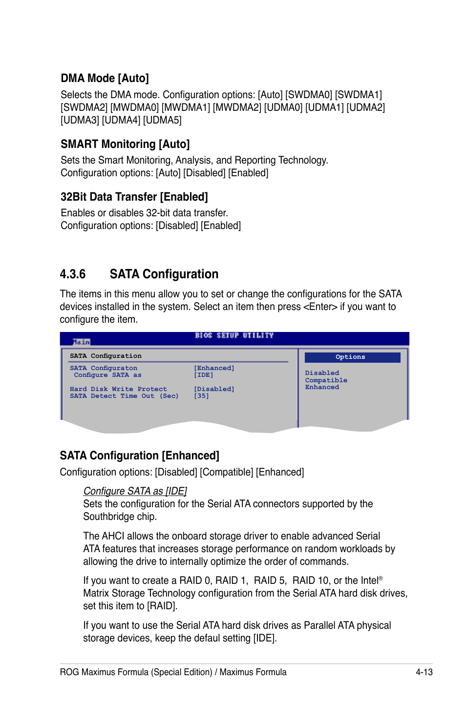 6 sata configuration, Dma mode [auto, Smart monitoring [auto | 32bit data transfer [enabled, Sata configuration [enhanced | Asus Maximus Formula User Manual | Page 85 / 168