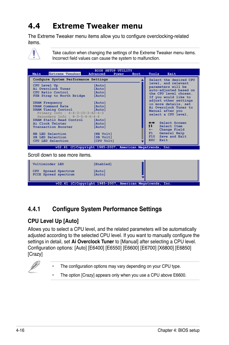 4 extreme tweaker menu, 1 configure system performance settings, Cpu level up [auto | Scroll down to see more items | Asus Maximus Formula User Manual | Page 88 / 168