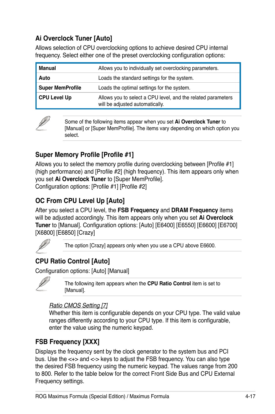 Oc from cpu level up [auto, Cpu ratio control [auto, Fsb frequency [xxx | Ai overclock tuner [auto | Asus Maximus Formula User Manual | Page 89 / 168