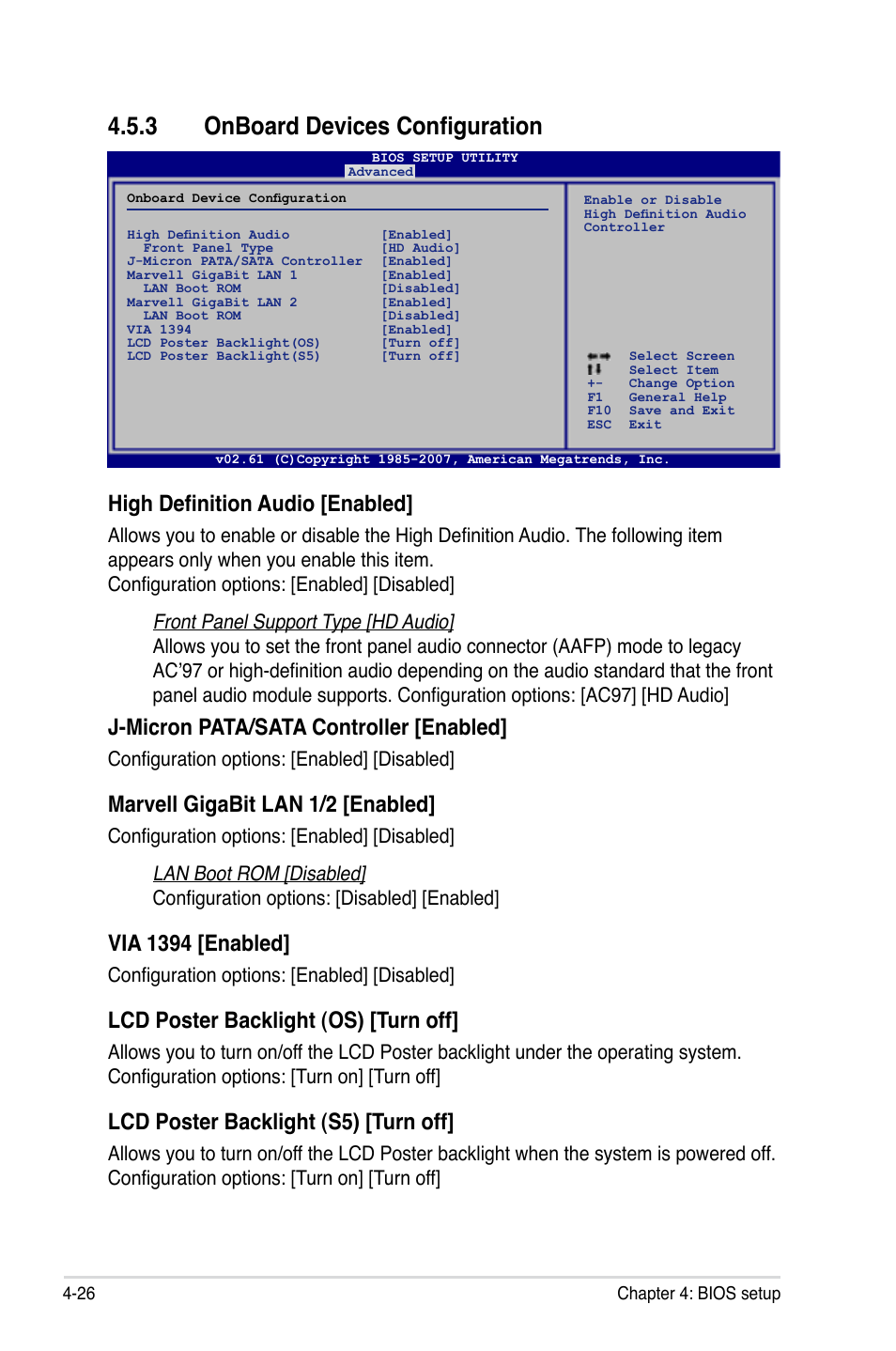 3 onboard devices configuration, High definition audio [enabled, J-micron pata/sata controller [enabled | Marvell gigabit lan 1/2 [enabled, Via 1394 [enabled, Lcd poster backlight (os) [turn off, Lcd poster backlight (s5) [turn off, Configuration options: [enabled] [disabled | Asus Maximus Formula User Manual | Page 98 / 168