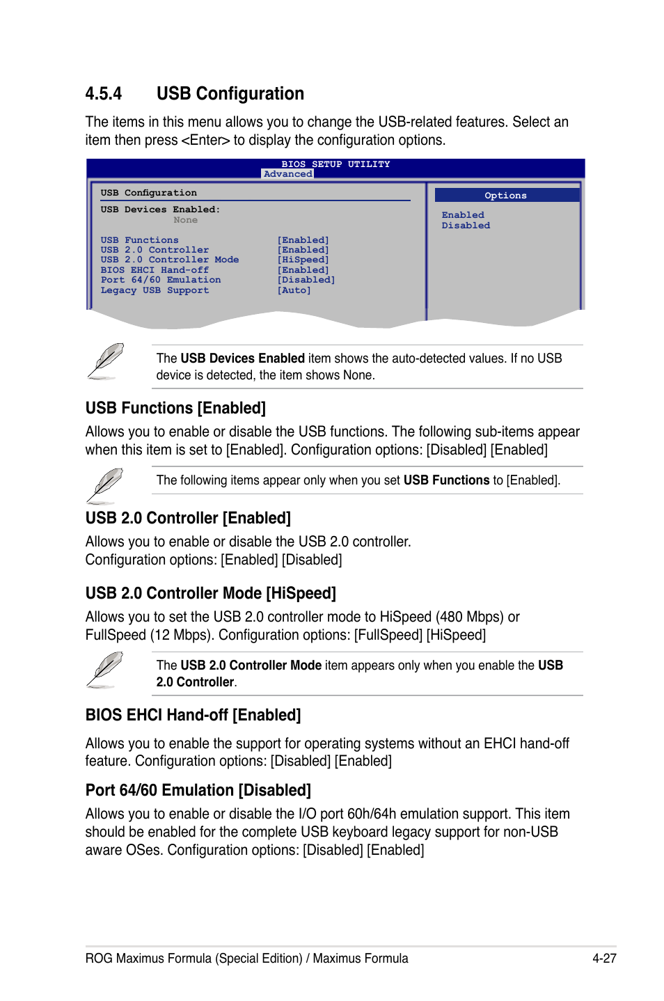 4 usb configuration, Usb functions [enabled, Usb 2.0 controller [enabled | Usb 2.0 controller mode [hispeed, Bios ehci hand-off [enabled, Port 64/60 emulation [disabled | Asus Maximus Formula User Manual | Page 99 / 168