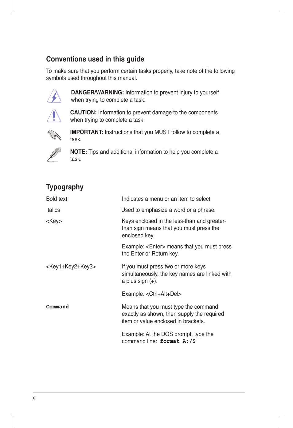 Conventions used in this guide, Typography | Asus Z9PE-D16 User Manual | Page 10 / 194