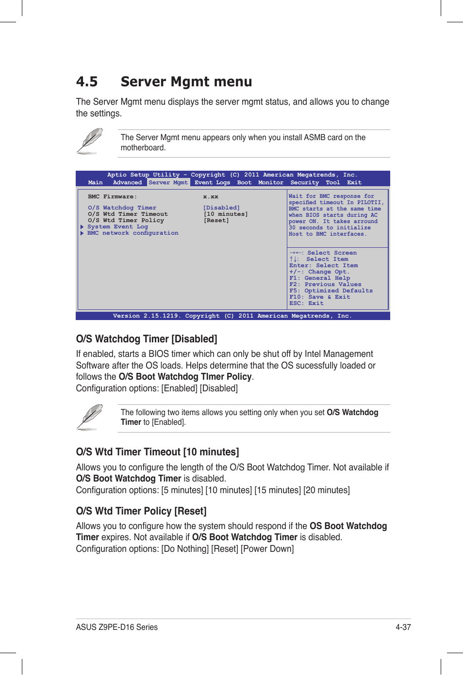 5 server mgmt menu, Server mgmt menu -37, O/s watchdog timer [disabled | O/s wtd timer timeout [10 minutes, O/s wtd timer policy [reset | Asus Z9PE-D16 User Manual | Page 101 / 194