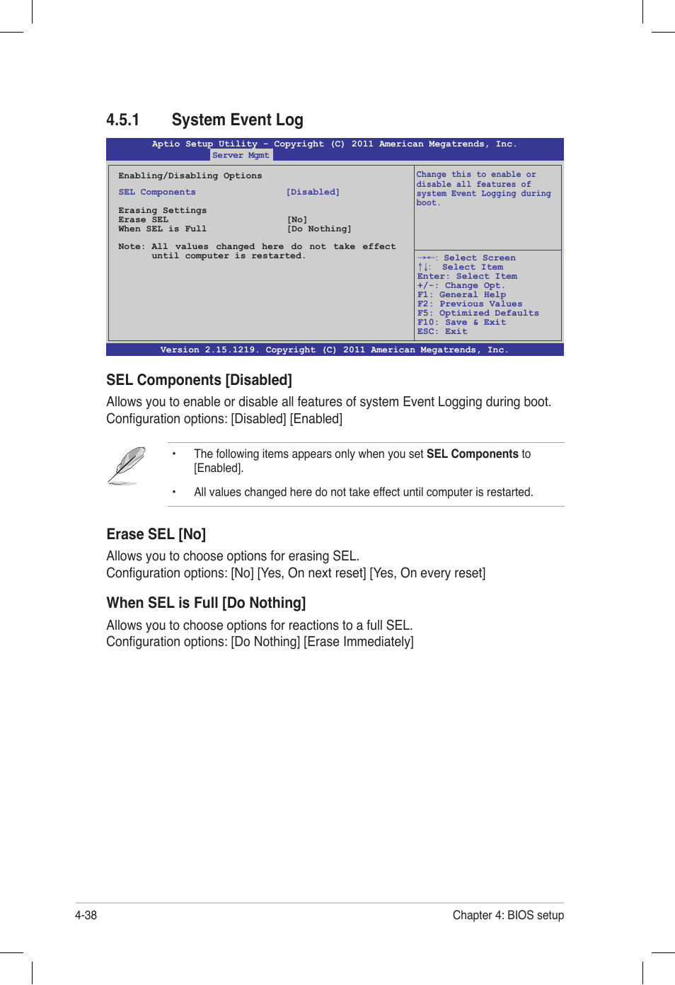 1 system event log, System event log -38, Sel components [disabled | Erase sel [no, When sel is full [do nothing | Asus Z9PE-D16 User Manual | Page 102 / 194