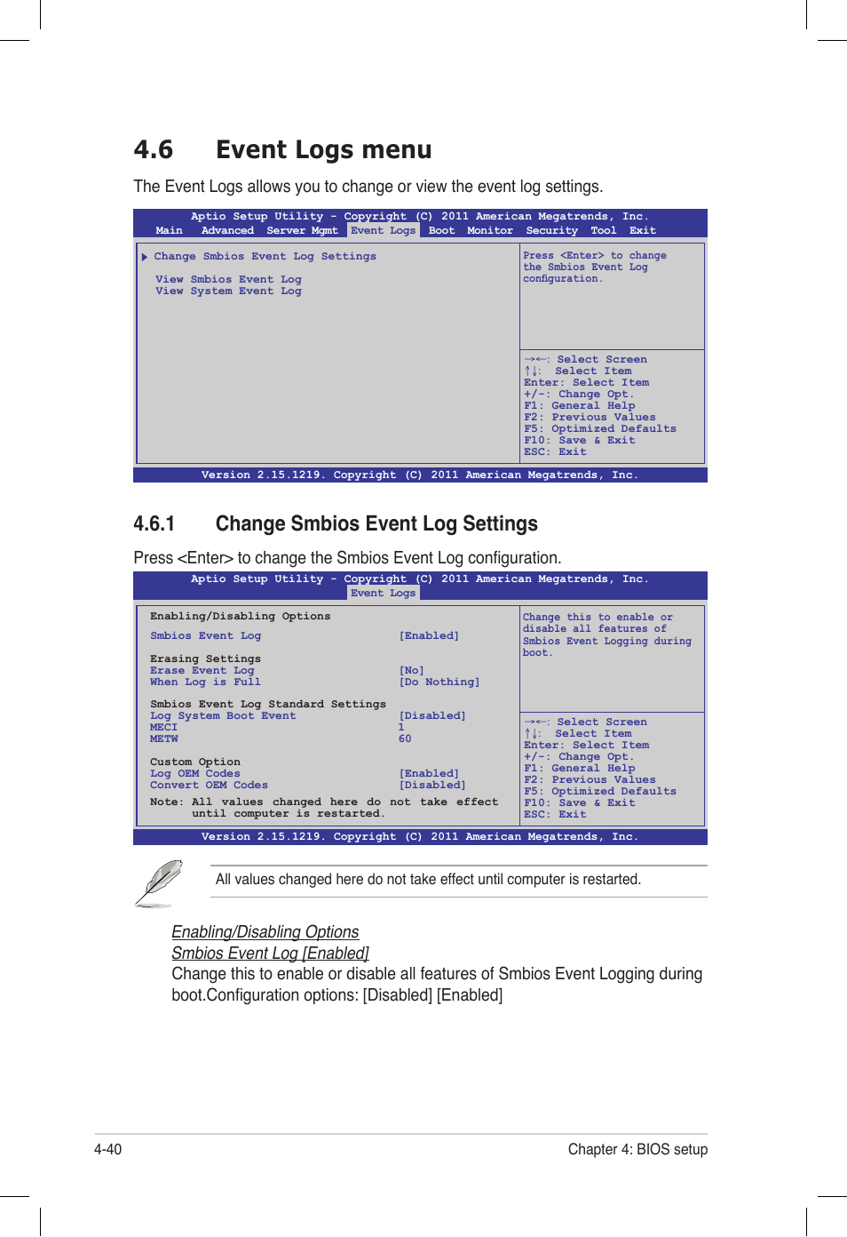 6 event logs menu, 1 change smbios event log settings, Event logs menu -40 4.6.1 | Change smbios event log settings -40, Event logs menu -40 | Asus Z9PE-D16 User Manual | Page 104 / 194