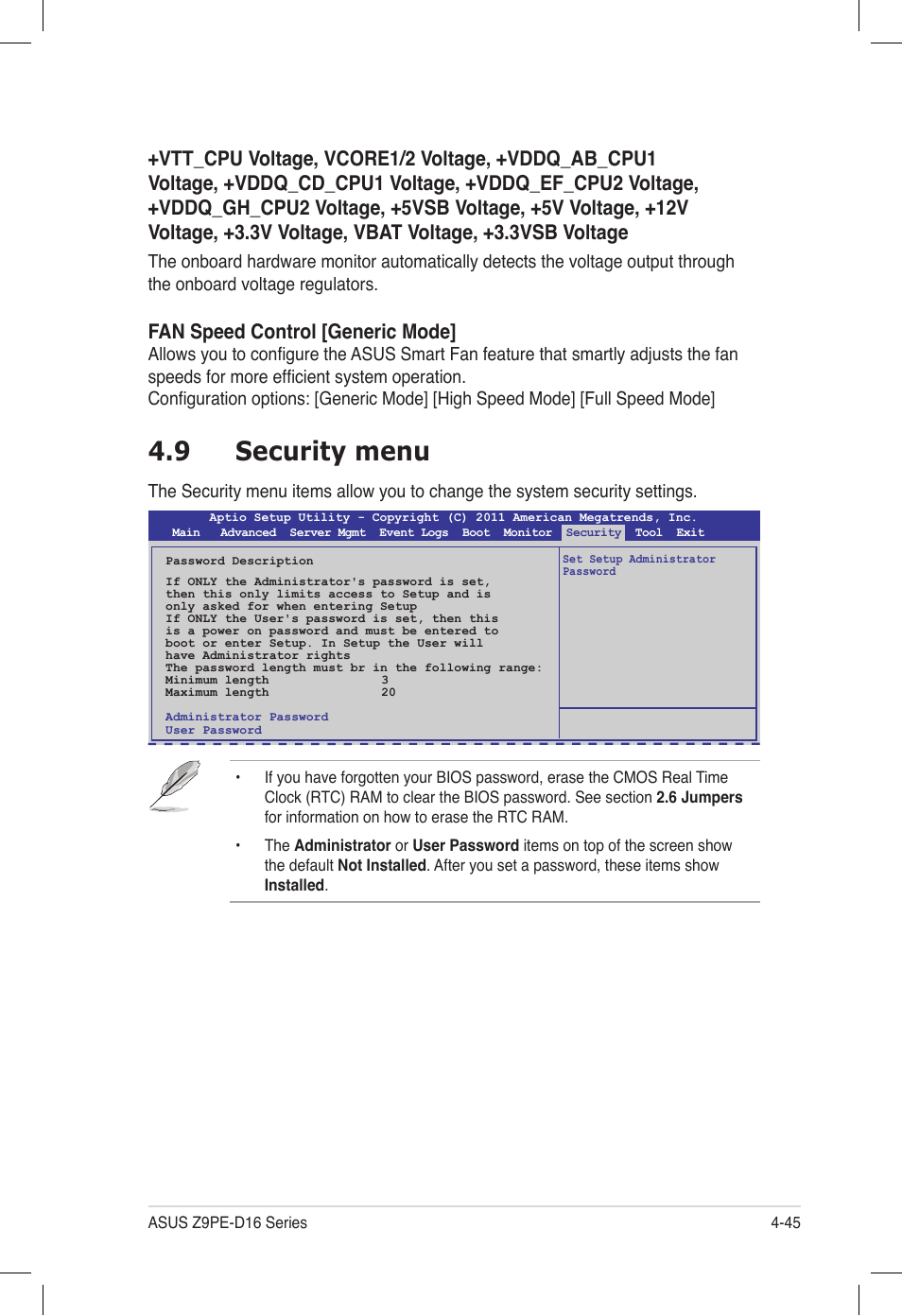 9 security menu, Security menu -45, Fan speed control [generic mode | Asus Z9PE-D16 User Manual | Page 109 / 194