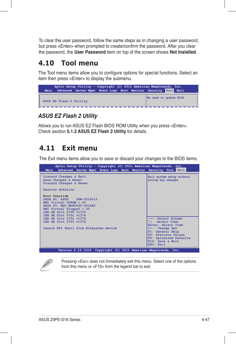 10 tool menu, 11 exit menu, 10 tool menu -47 4.11 exit menu -47 | Asus ez flash 2 utility | Asus Z9PE-D16 User Manual | Page 111 / 194