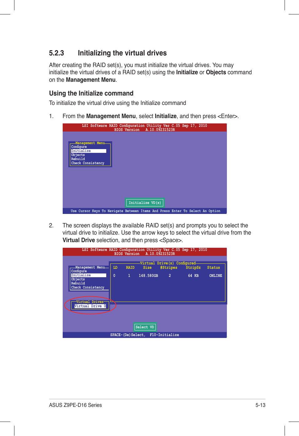 3 initializing the virtual drives, Initializing the virtual drives -13, Using the initialize command | Asus Z9PE-D16 User Manual | Page 125 / 194