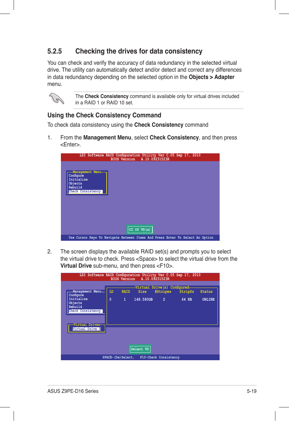 5 checking the drives for data consistency, Checking the drives for data consistency -19, Using the check consistency command | Asus Z9PE-D16 User Manual | Page 131 / 194