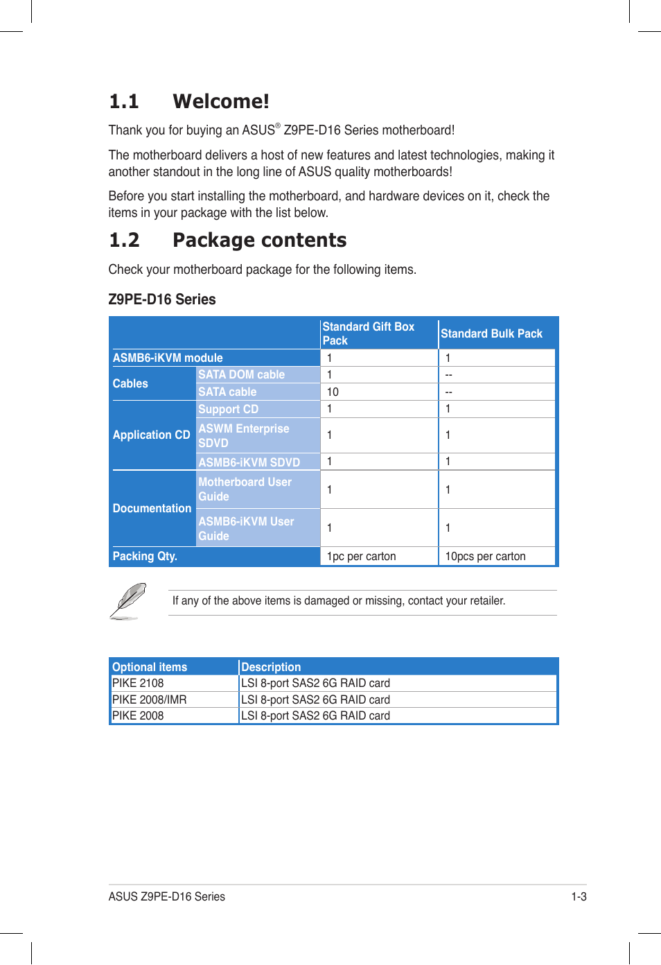 1 welcome, 2 package contents, Welcome! -3 | Package contents -3 | Asus Z9PE-D16 User Manual | Page 15 / 194