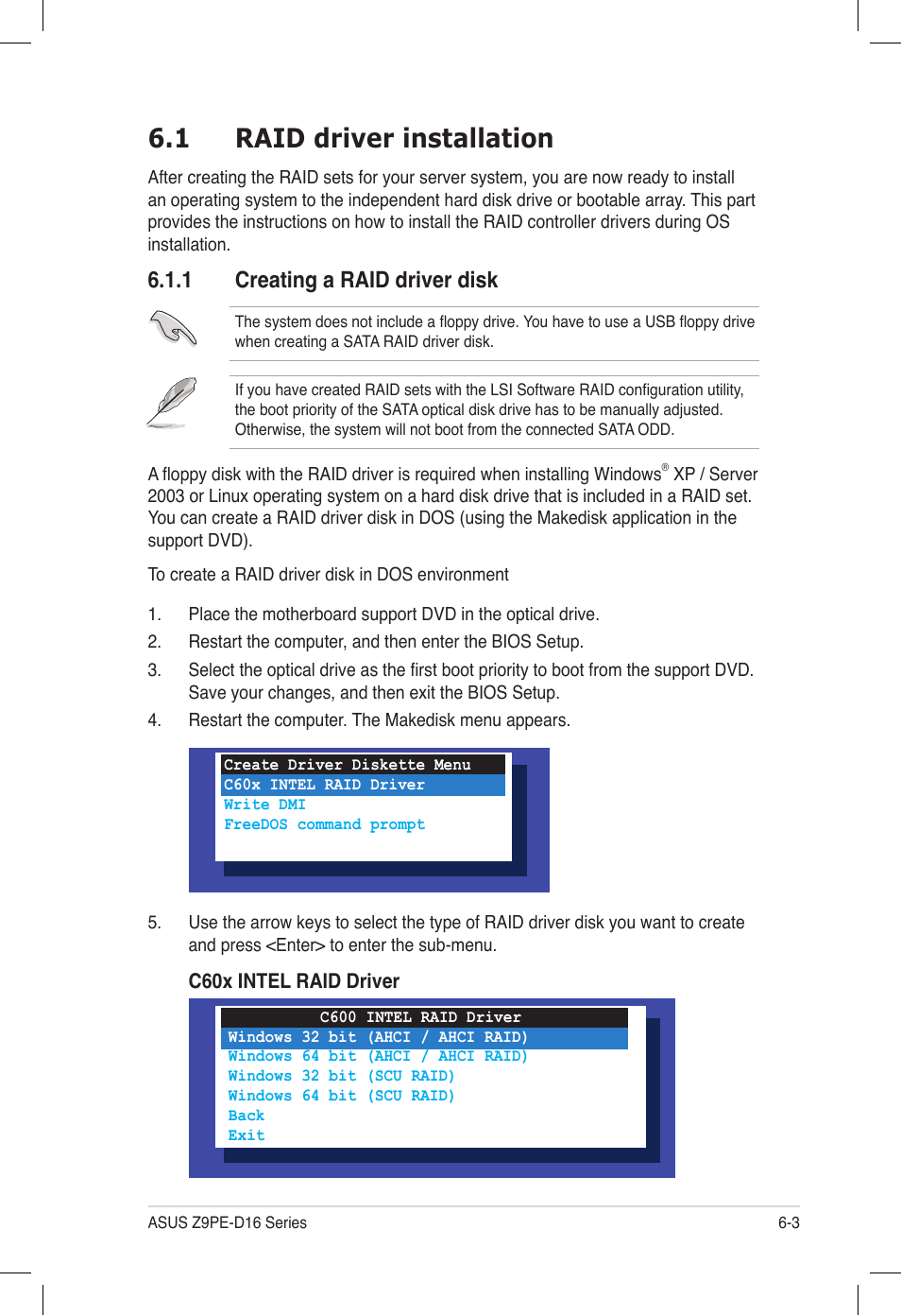 1 raid driver installation, 1 creating a raid driver disk, Raid driver installation -3 6.1.1 | Creating a raid driver disk -3, Raid driver installation -3 | Asus Z9PE-D16 User Manual | Page 155 / 194