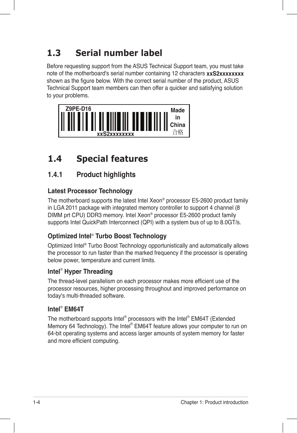 3 serial number label, 4 special features, 1 product highlights | Serial number label -4, Special features -4 1.4.1, Product highlights -4 | Asus Z9PE-D16 User Manual | Page 16 / 194