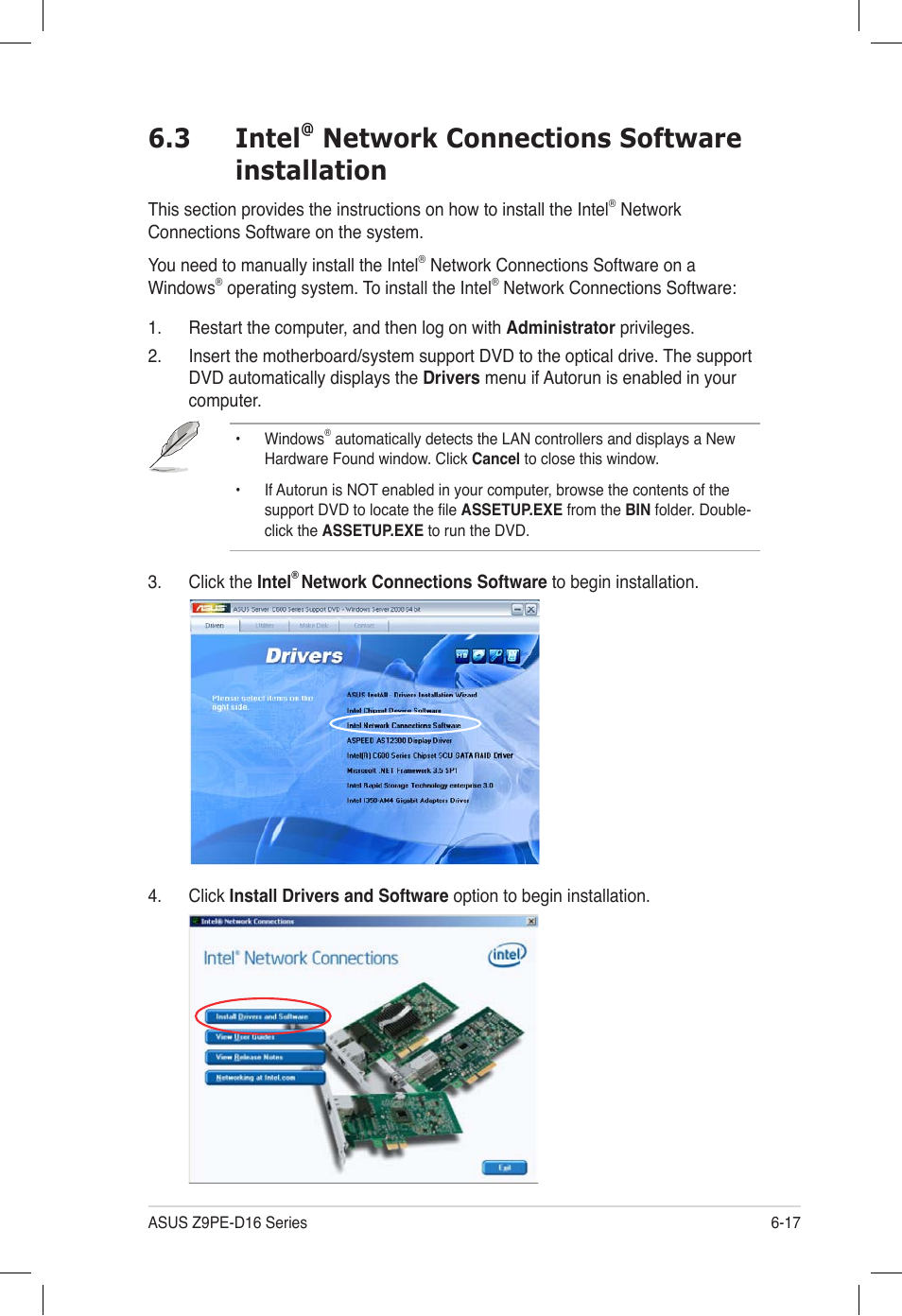 Intel, Network connections software installation -17, 3 intel | Network connections software installation | Asus Z9PE-D16 User Manual | Page 169 / 194