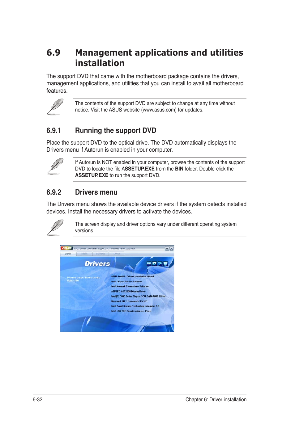 1 running the support dvd, 2 drivers menu, Running the support dvd -32 | Drivers menu -32 | Asus Z9PE-D16 User Manual | Page 184 / 194