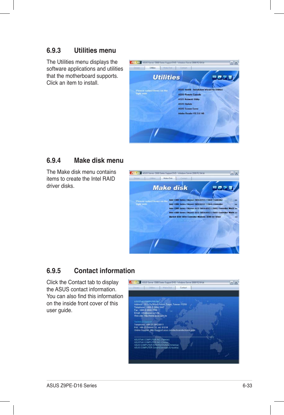 3 utilities menu, 4 make disk menu, 5 contact information | Utilities menu -33, Make disk menu -33, Contact information -33 | Asus Z9PE-D16 User Manual | Page 185 / 194