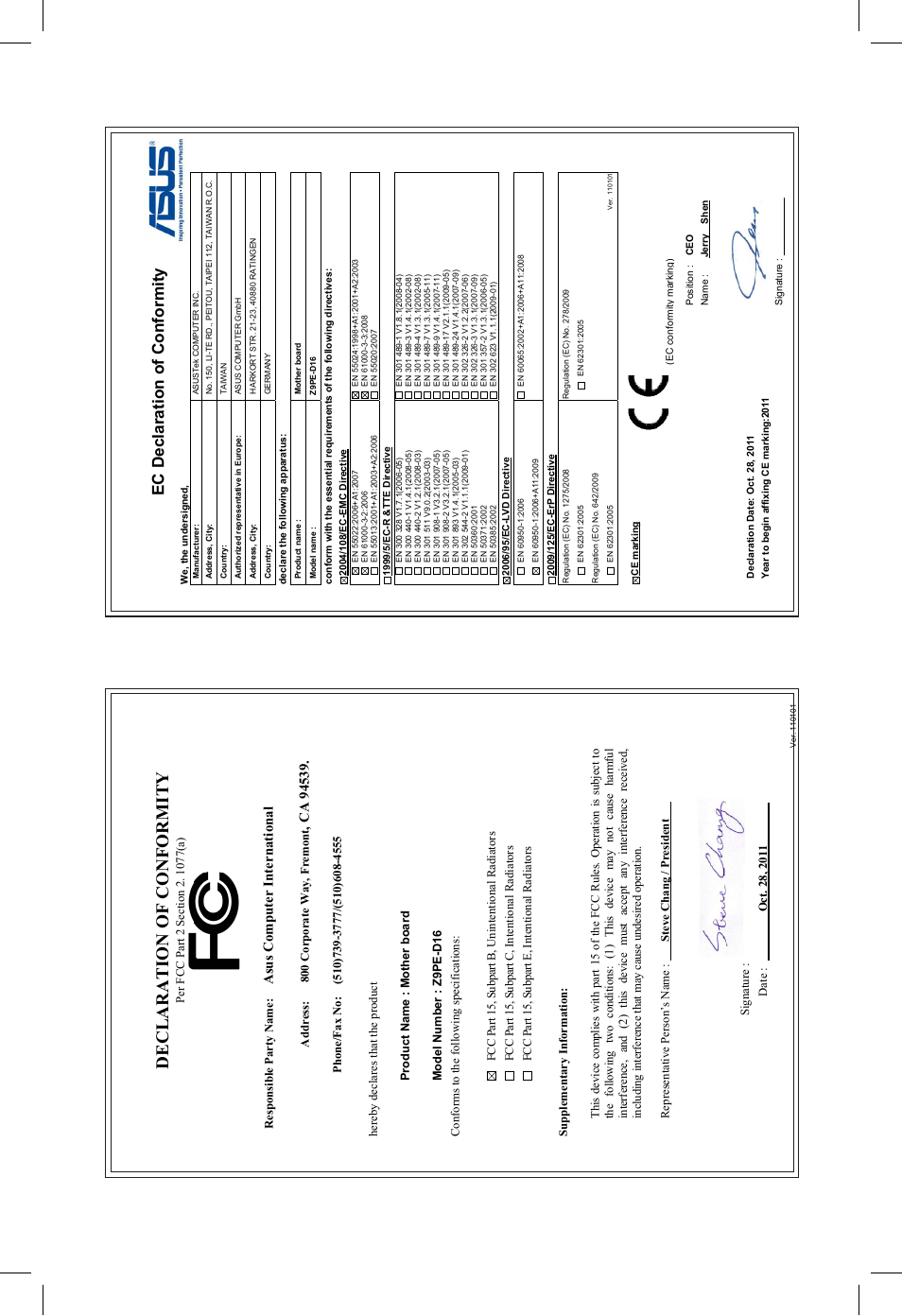 Declaration of conformity, Ec declaration of conformity, Asu s c om pu te r in te rn at io na l | Asus Z9PE-D16 User Manual | Page 192 / 194