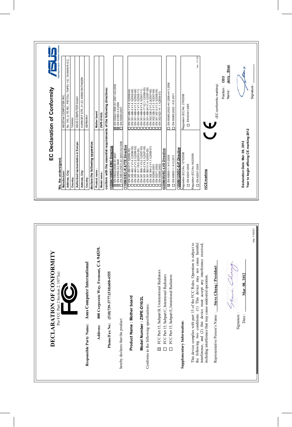 Declaration of conformity, Ec declaration of conformity, Asu s c om pu te r in te rn at io na l | Asus Z9PE-D16 User Manual | Page 193 / 194