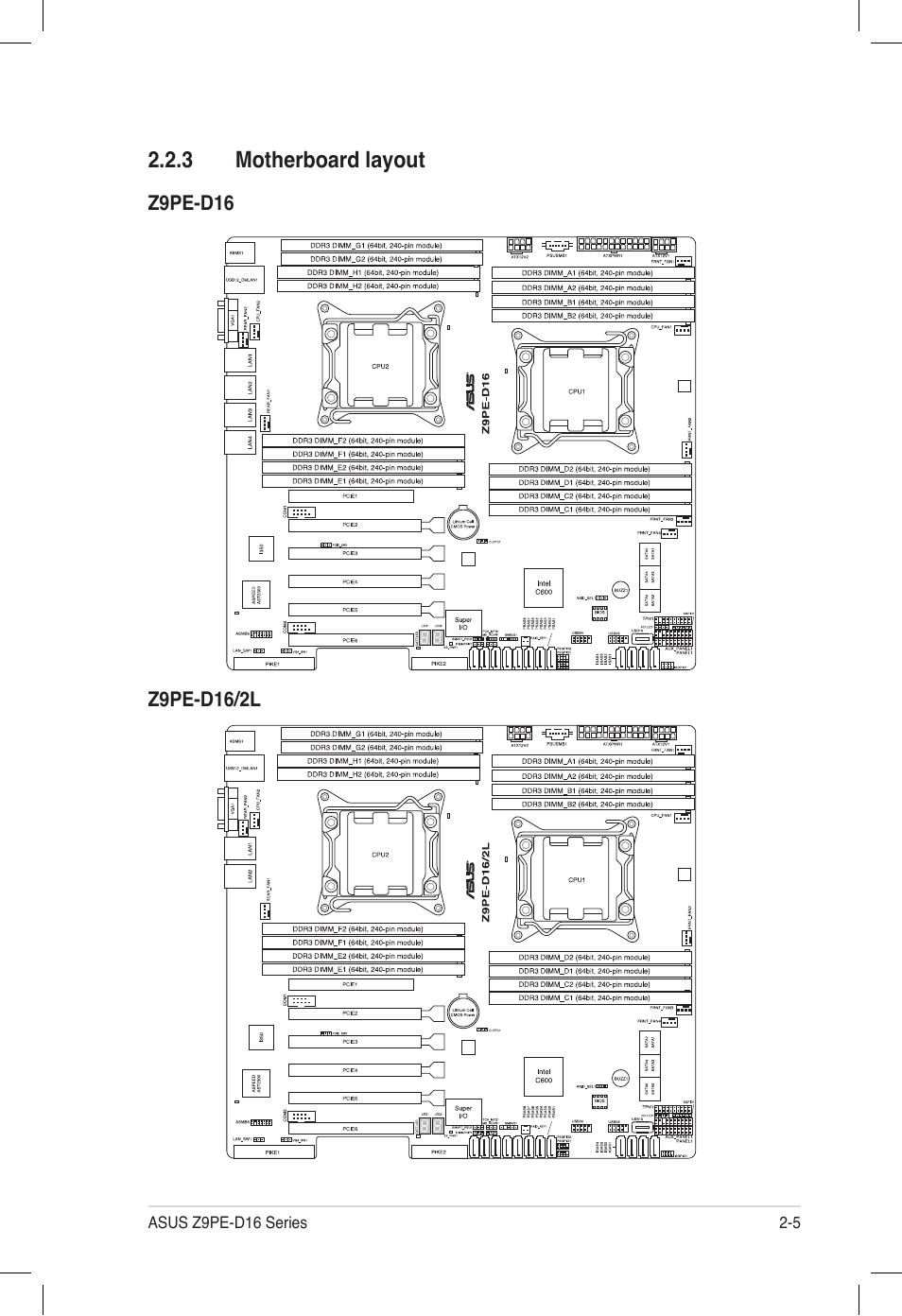 3 motherboard layout, Motherboard layout -5 | Asus Z9PE-D16 User Manual | Page 23 / 194