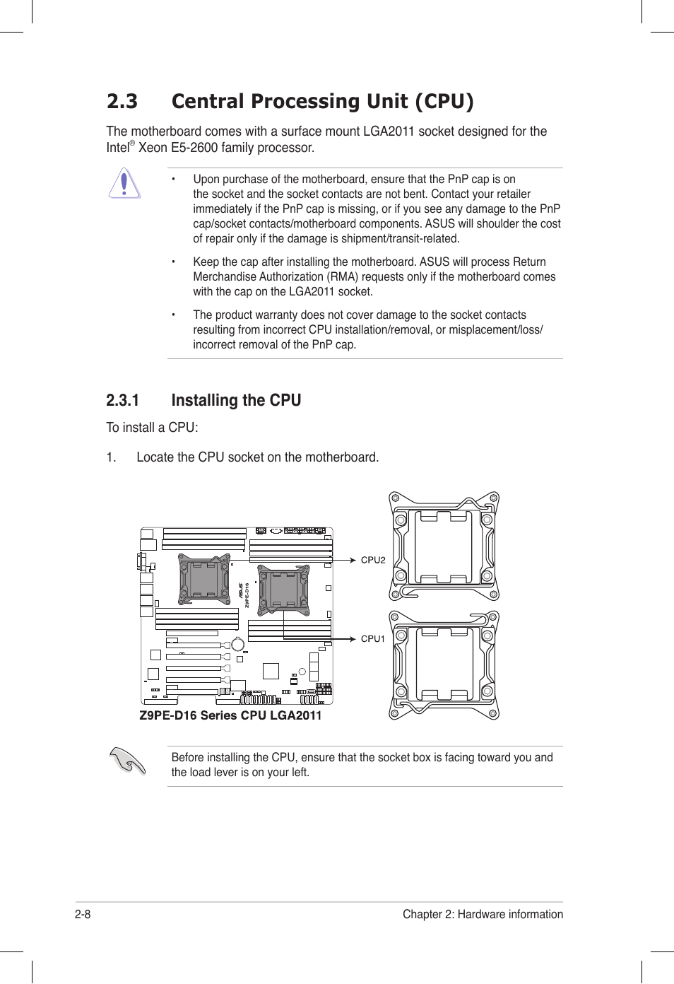 3 central processing unit (cpu), 1 installing the cpu, Central processing unit (cpu) -8 2.3.1 | Installing the cpu -8, Central processing unit (cpu) -8 | Asus Z9PE-D16 User Manual | Page 26 / 194